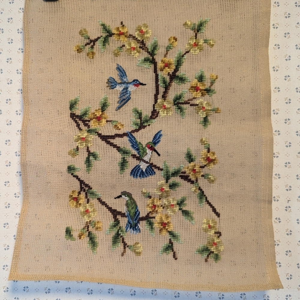 Vintage needle point blue birds flower branches